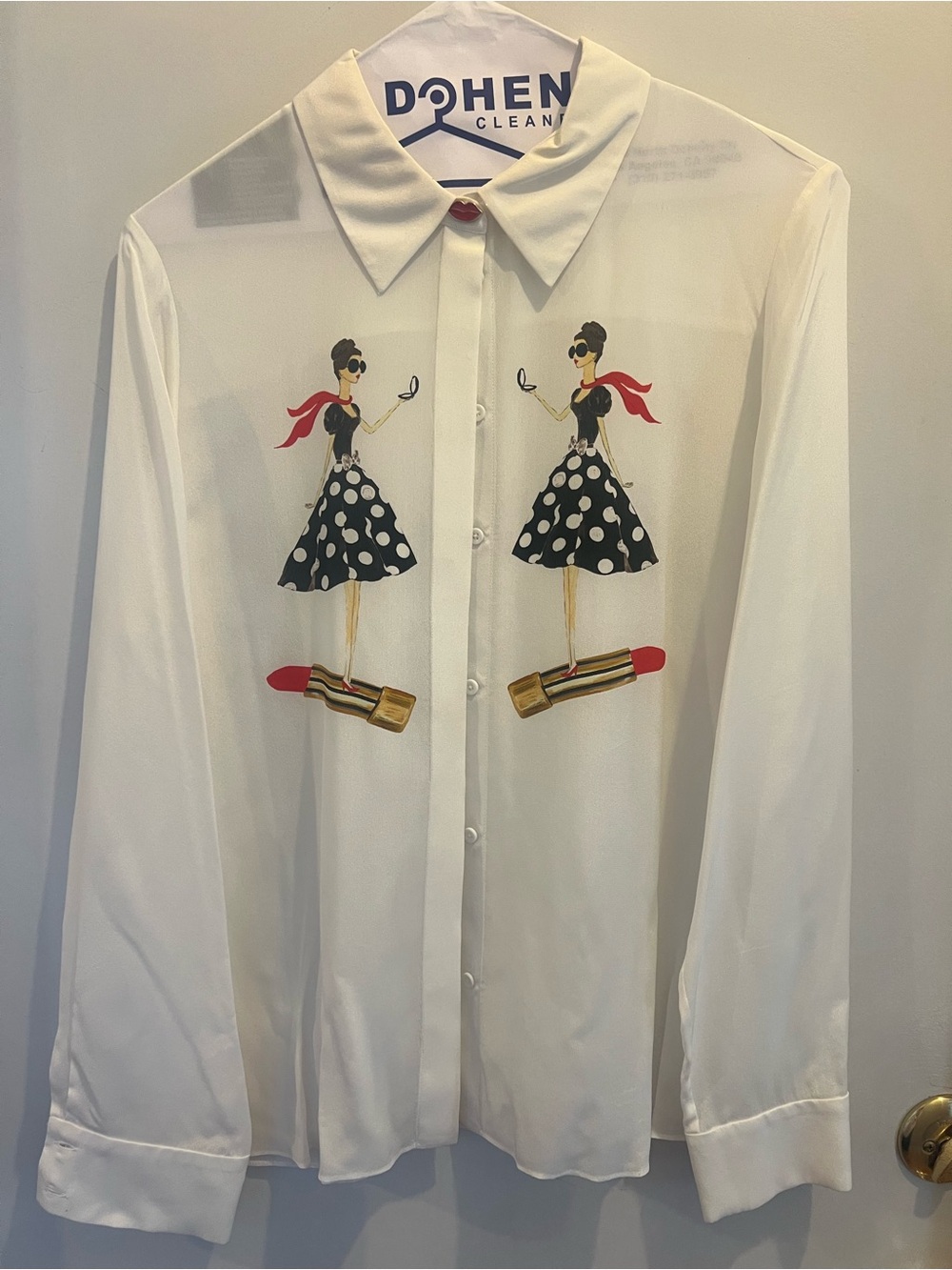 Alice + Olivia White Sheer Button-Up Blouse with Polka Dot Lady & Lipstick Motif
